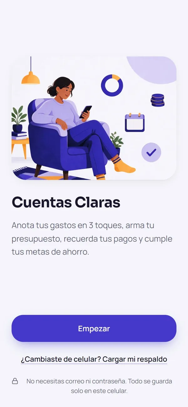 Captura real de Cuentas Claras: bienvenida (sin cuentas ni contraseñas)