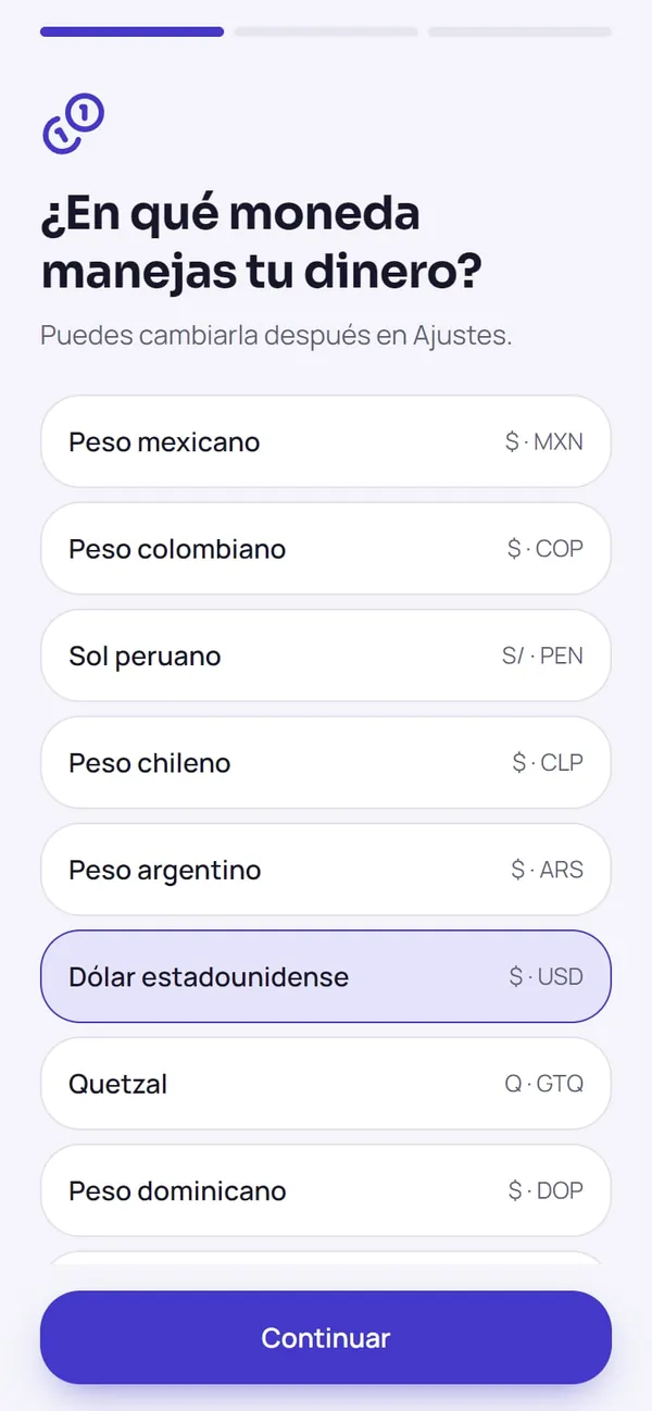 Captura real de Cuentas Claras: primer uso (16 monedas para elegir)