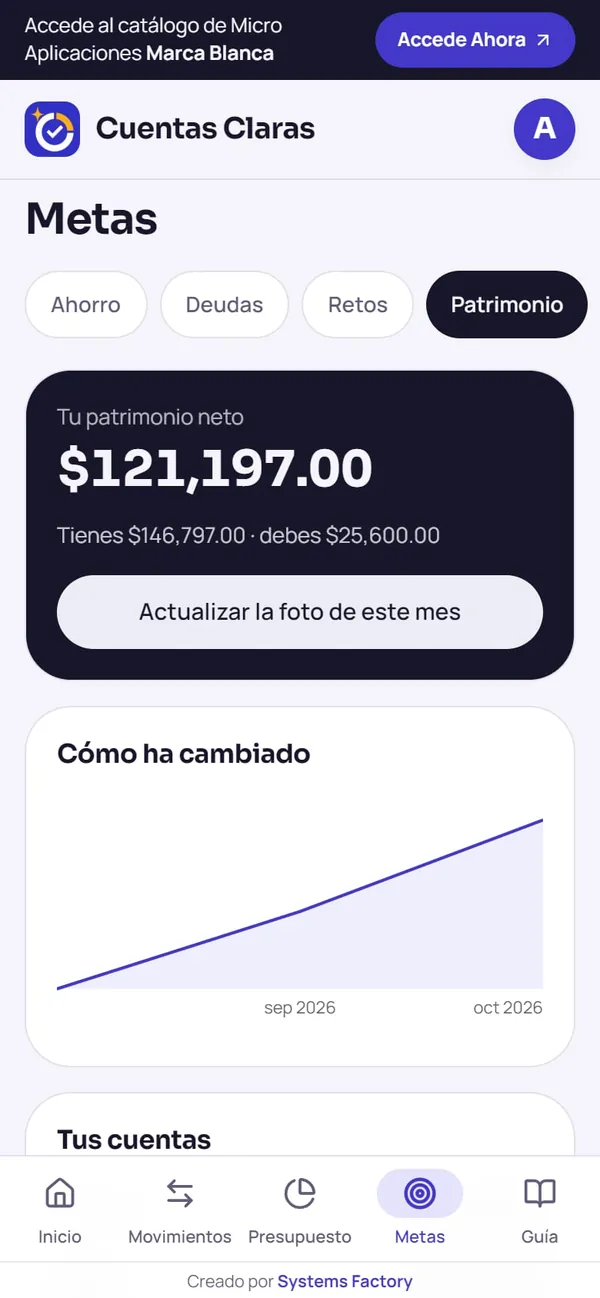 Captura real de Cuentas Claras: patrimonio (lo que tiene menos lo que debe)