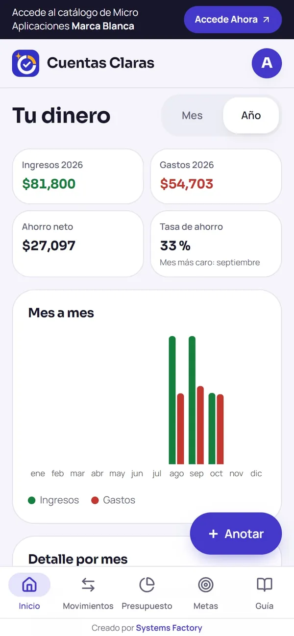 Captura real de Cuentas Claras: vista año (12 meses de un vistazo)