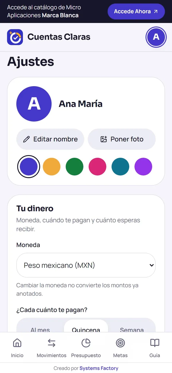 Captura real de Cuentas Claras: ajustes (moneda, cobro y categorías)