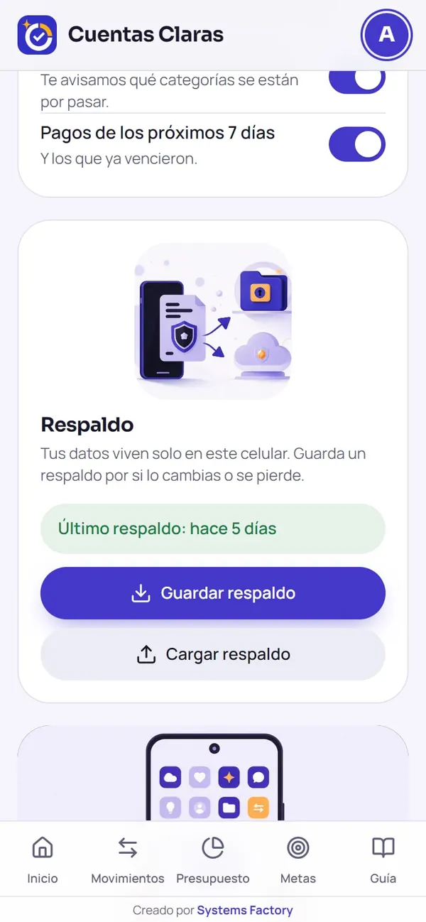 Captura real de Cuentas Claras: respaldo (para cambiar de celular)