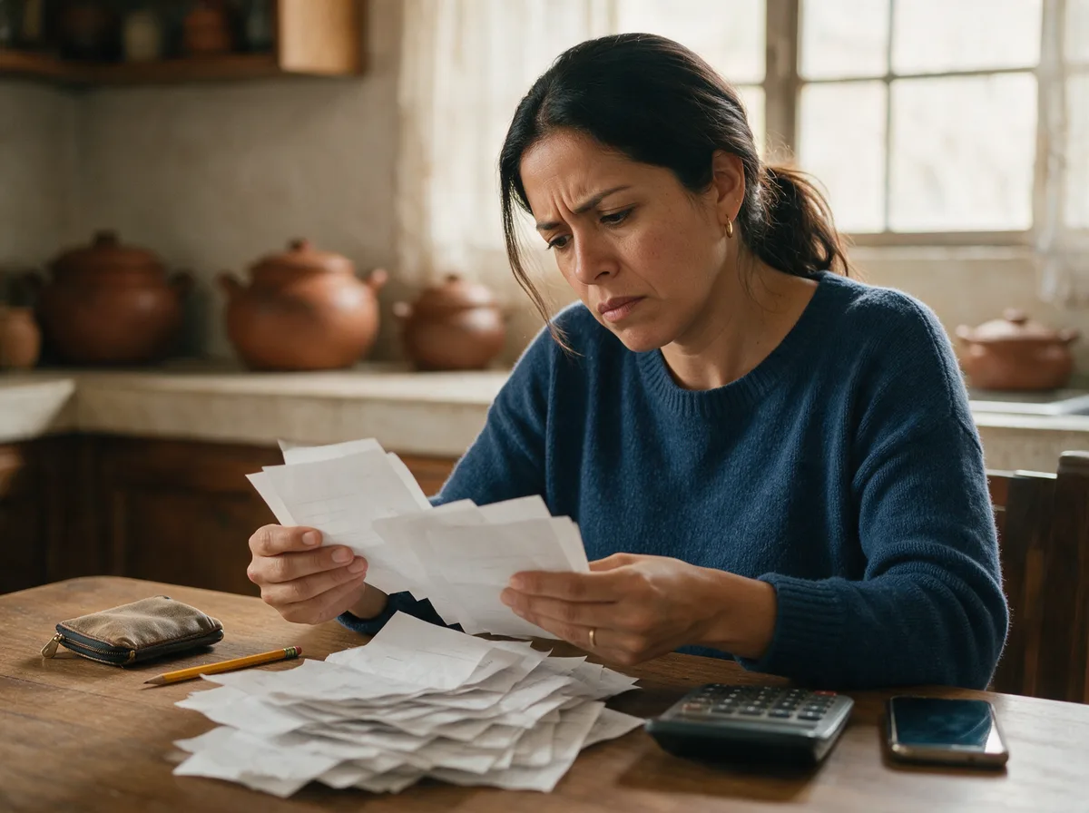 Una mujer revisa en la mesa de su cocina los recibos del mes con una calculadora