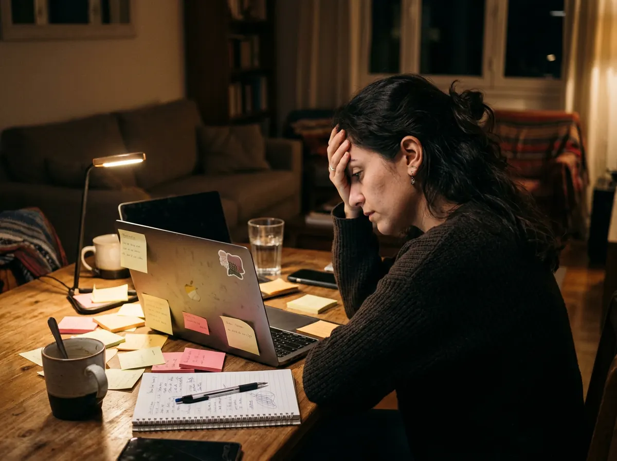 Una emprendedora agotada de noche frente a su computadora portátil, rodeada de notas adhesivas y tazas de café